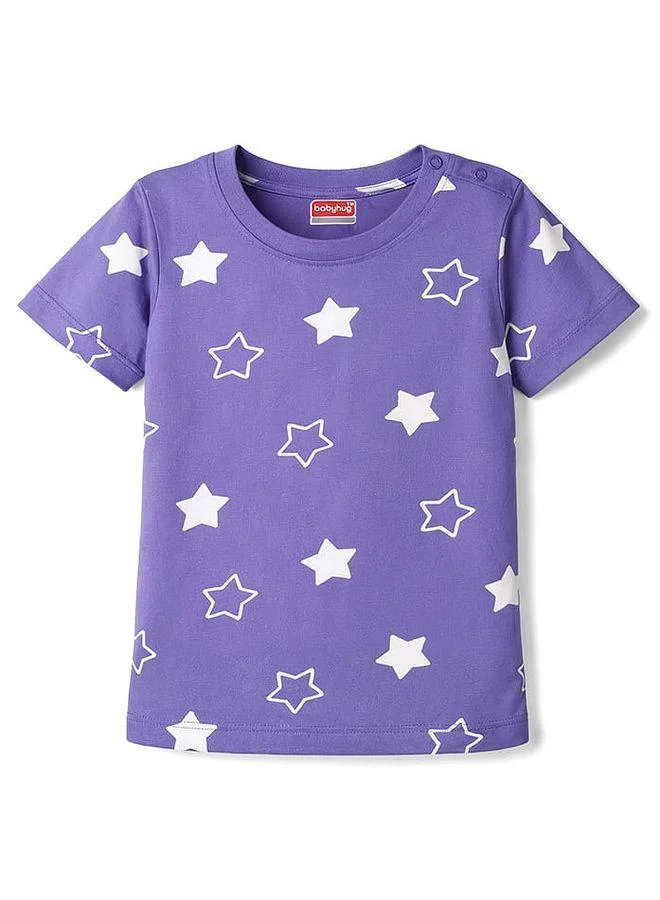 Babyhug Babyhug Cotton Knit Half Sleeves Co-Ord T-Shirt & Pyjama Night-Suit With Star Print - Purple