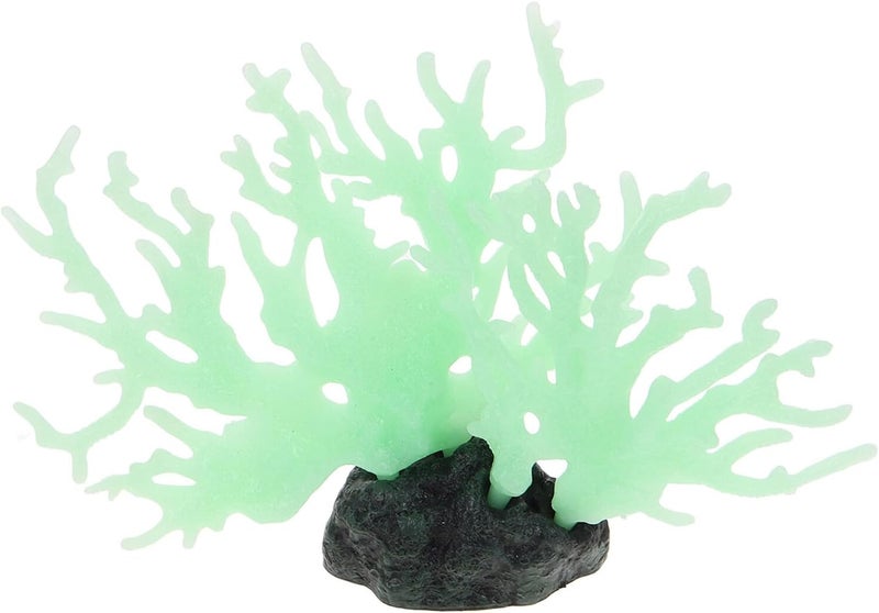 ARTIBETTER Glow-in-the-Dark Medium Green Coral Ornament with Base, Simulation Plastic Aquarium Coral Decoration for Fish Tanks and Turtle Tank Accessories - Image 1
