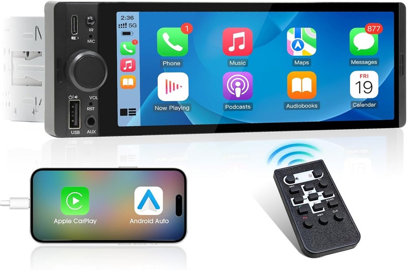 aboutBit Single Din CarPlay Stereo Receiver - 6.5 Inch Android Auto Touchscreen with Bluetooth and AM/FM Radio - Image 1