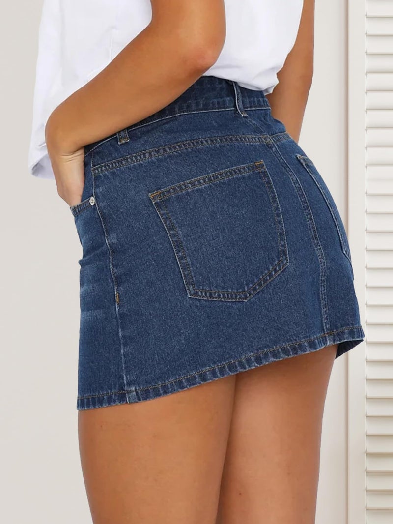 DEICAEVO Womens Denim Skirt Casual Mini Jean Skirt Stretch Low Waist Jean Skirt for Women Zip Fly Denim Mini Skirts Dark Blue M - Image 2