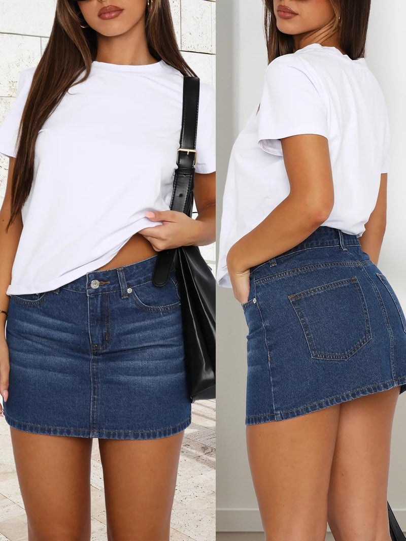 DEICAEVO Womens Denim Skirt Casual Mini Jean Skirt Stretch Low Waist Jean Skirt for Women Zip Fly Denim Mini Skirts Dark Blue M - Image 5