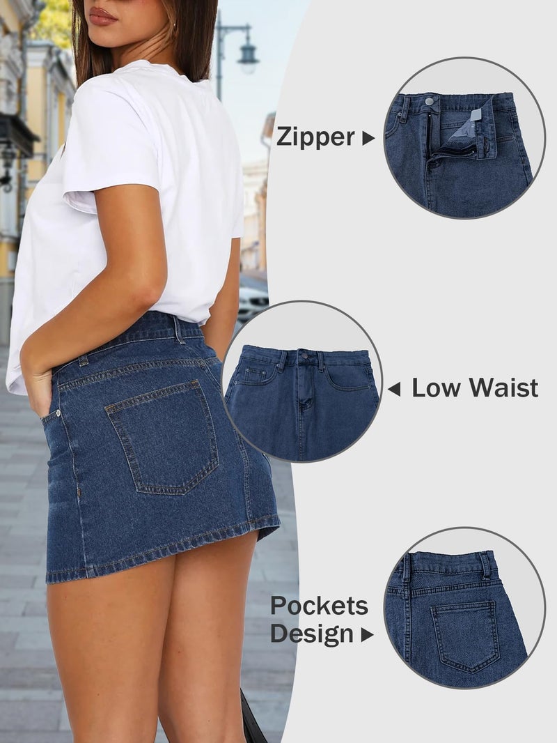 DEICAEVO Womens Denim Skirt Casual Mini Jean Skirt Stretch Low Waist Jean Skirt for Women Zip Fly Denim Mini Skirts Dark Blue M - Image 4