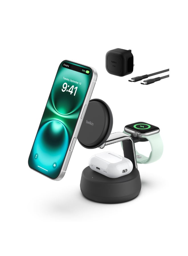 belkin UltraCharge Pro Magnetic Charging Station 25W with Cooling Fan, 3-in-1 Qi2 Certified MagSafe Compatible Wireless Charger for iPhone 16, Apple Watch, AirPods, Pixelsnap, with 45W Adapter - Black Charcoal - Image 1