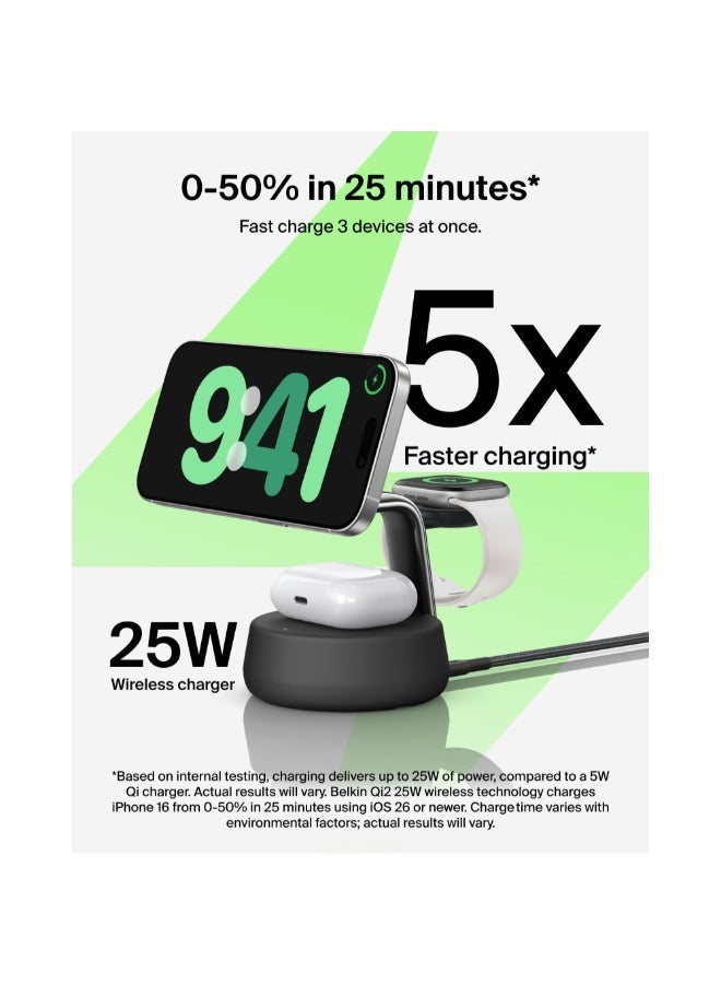 belkin UltraCharge Pro Magnetic Charging Station 25W with Cooling Fan, 3-in-1 Qi2 Certified MagSafe Compatible Wireless Charger for iPhone 16, Apple Watch, AirPods, Pixelsnap, with 45W Adapter - Black Charcoal - Image 4