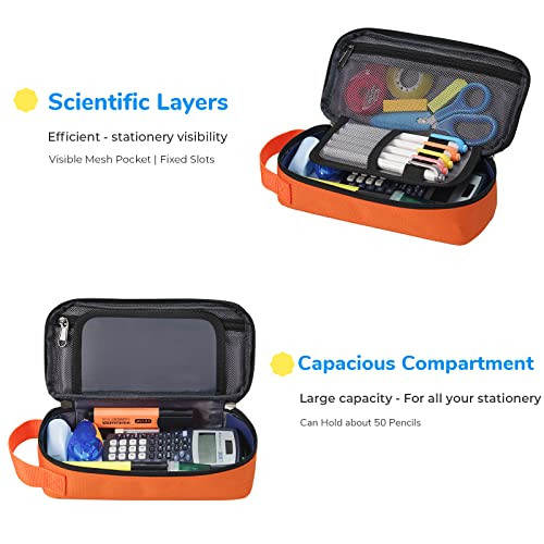ECHSRT Pencil Case for Men Women, Large Pen Bag for Adults, Portable Pencil Pouch Aesthetic with Handle, Zipper Cases for Office Organizer Orange - Image 2