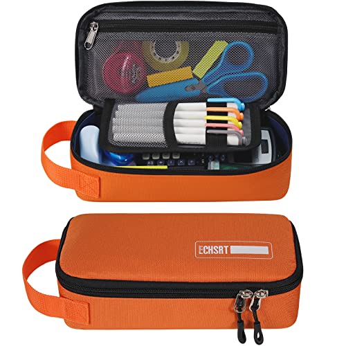 ECHSRT Pencil Case for Men Women, Large Pen Bag for Adults, Portable Pencil Pouch Aesthetic with Handle, Zipper Cases for Office Organizer Orange - Image 1