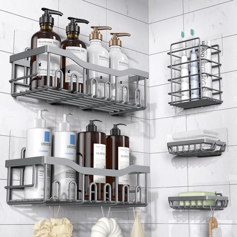 EUDELE 5-Pack Rustproof Stainless Steel Shower Caddy â€“ No Drill Adhesive Bathroom Organizer with Large Capacity, Spacious Shower Shelves for Inside Shower, Kitchen & Home Decor Storage-XL Size - Image 1