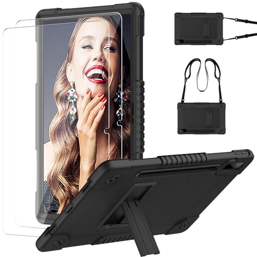 Kebiory for Lenovo Tab P12 inch 2023 TB370FU Case & Kickstand Shoulder Strap Built in Pen Holder Kids Friendly Shell + 2 Pcs Screen Protectors for Lenovo Tab P12 (Black) - Image 1