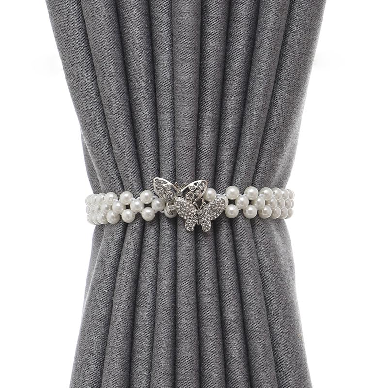 Funny live Curtain Tiebacks, 2 Pack Curtain Ties Outdoor Elegant Decorative Tie Backs Modern Pearl Tiebacks for Drapes Window Curtain Holdbacks for Draperies Accessories (Pearly Butterfly) - Image 1
