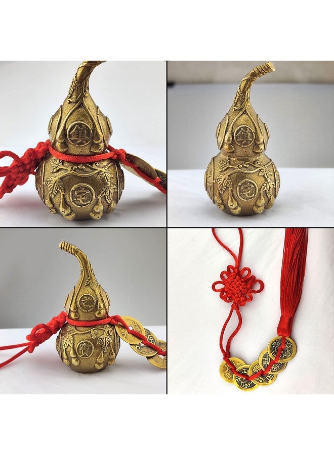 Flylin Chinese Good Luck Wu Lou, Feng Shui Brass Gourd Cucurbit with 5 Coins Chinese Hu Lu Gourd for Office Bedroom Car Hanging Ornaments (4 inch) - Image 5