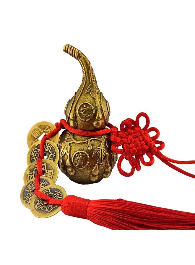 Flylin Chinese Good Luck Wu Lou, Feng Shui Brass Gourd Cucurbit with 5 Coins Chinese Hu Lu Gourd for Office Bedroom Car Hanging Ornaments (4 inch) - Image 1
