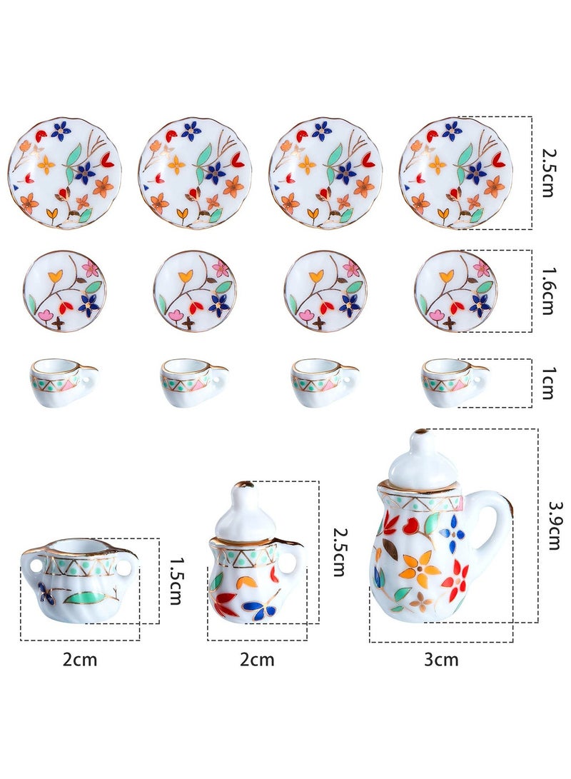 Excefore Miniature Porcelain Tea Cup Set Dollhouse Kitchen Accessories Set Small Party Accessories Teapot for Kids Flower Pattern Teapot Cup Plates 15 Pieces - Image 2