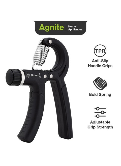 Agnite Er021 Adjustable Hand Grip Strengthener – 5-60Kg Resistance Trainer With Anti-Slip Handles & Heavy-Duty Spring For Forearm, Wrist, And Finger Strength Training, Black Color.
