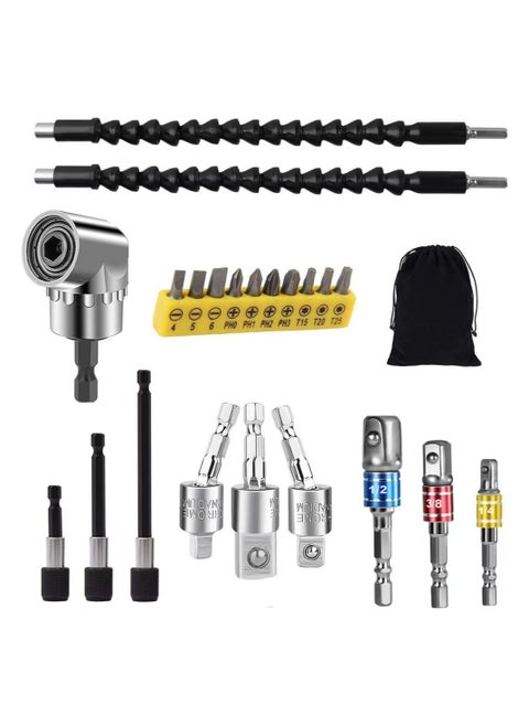 Flexible Drill Bit Extension Set, 105° Right Angle Drill Attachment, 1/4 3/8 1/2In Hex Shank Impact Driver Socket Adapter Rotatable Socket, Bendable Drill Bit Extension Screwdriver Bit