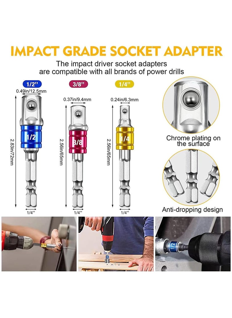 Flexible Drill Bit Extension Set, 105° Right Angle Drill Attachment, 1/4 3/8 1/2In Hex Shank Impact Driver Socket Adapter Rotatable Socket, Bendable Drill Bit Extension Screwdriver Bit