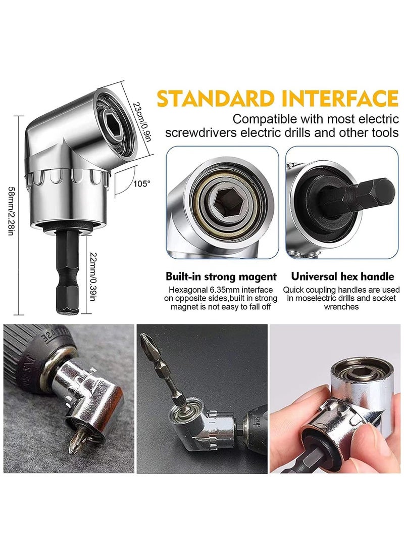 Flexible Drill Bit Extension Set, 105° Right Angle Drill Attachment, 1/4 3/8 1/2In Hex Shank Impact Driver Socket Adapter Rotatable Socket, Bendable Drill Bit Extension Screwdriver Bit