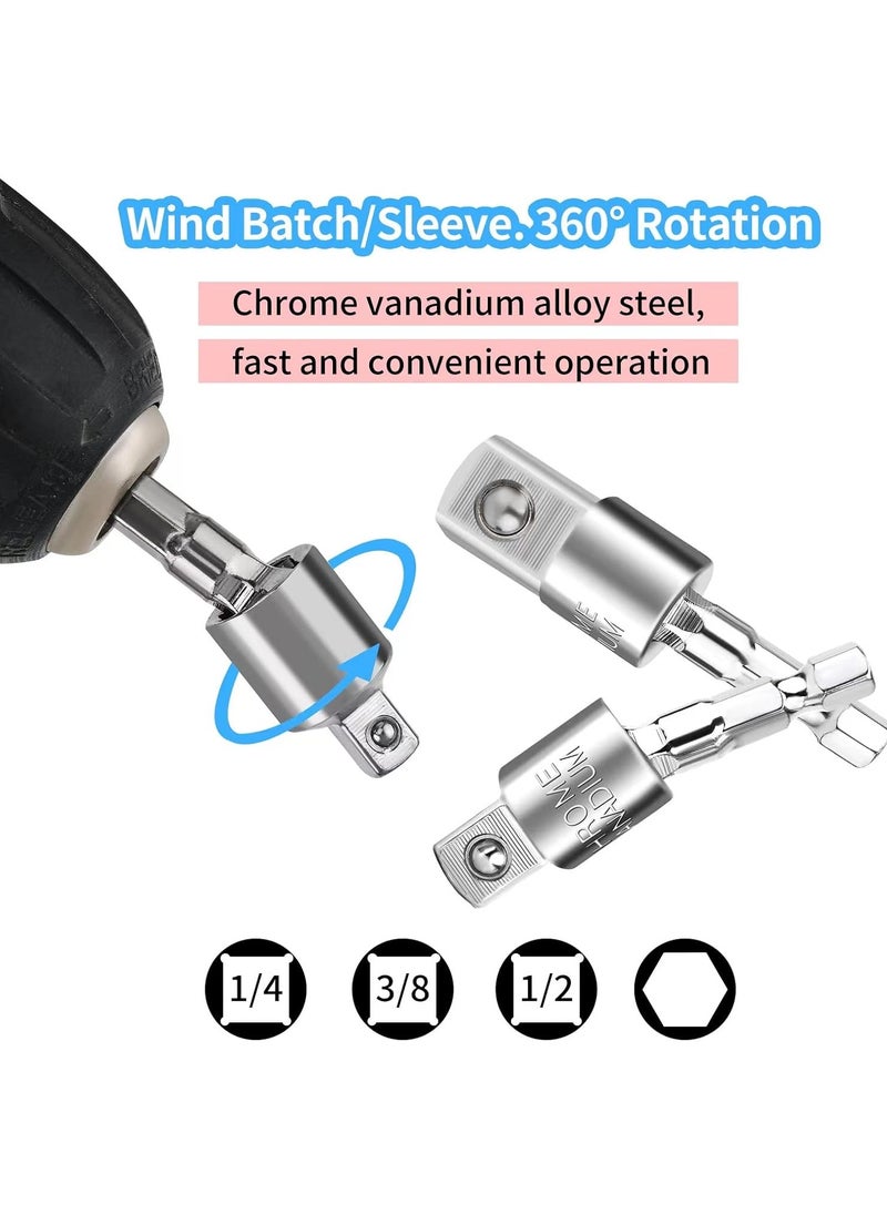 Flexible Drill Bit Extension Set, 105° Right Angle Drill Attachment, 1/4 3/8 1/2In Hex Shank Impact Driver Socket Adapter Rotatable Socket, Bendable Drill Bit Extension Screwdriver Bit