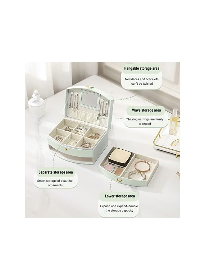 IAF Box Organizer PU Leather Small Portable Two Layer Jewelry Display Storage Holder Case with Handle for Necklace Earrings Bracelets Rings Watches Women Girls Pink Blue Green (Green) - Image 3