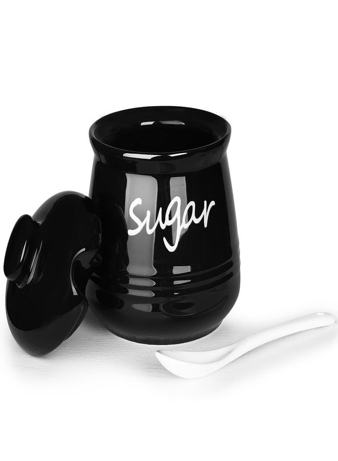 HAOTOP 12oz Sugar Bowl with Lid and Spoon,Ceramic Sugar Jar Sugar Dispenser Sugar Container Coffee Bar Accessories, Kitchen Countertop Canisters, Black - Image 1