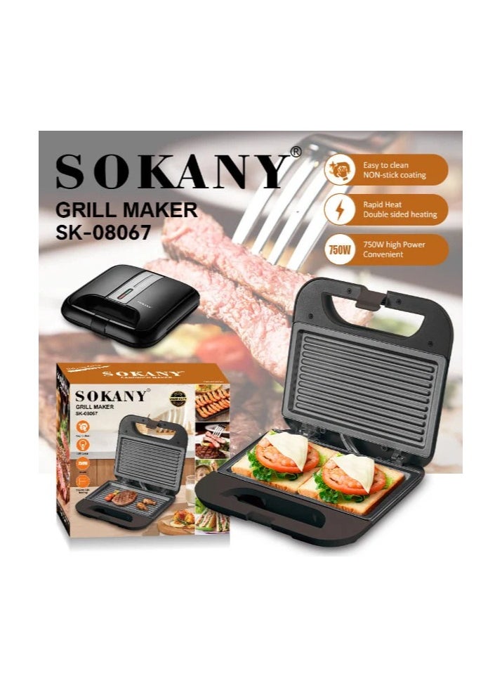 sokany - Sokany Grill Maker 750W SK-08067 with Non-Stick Plates, Indicator Lights, Cool Touch Handle - 1 Year Warranty - Image 1