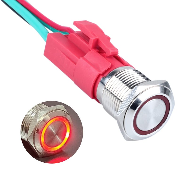 DMWD 16mm Heavy Duty Latching Metal Push Button Switch Waterproof Large Current 20Amp 12V-24V ON-OFF 1NO 4 Pins with Pre-wired Harness (Halo Ring Red LED) - Image 1