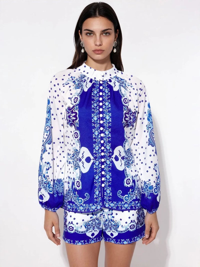 Jennyfer Paisley Tie-front Blouse And Shorts Set - Image 1