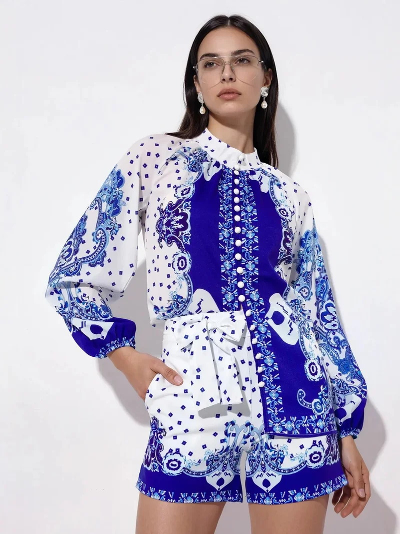 جينيفر Paisley Tie-front Blouse And Shorts Set