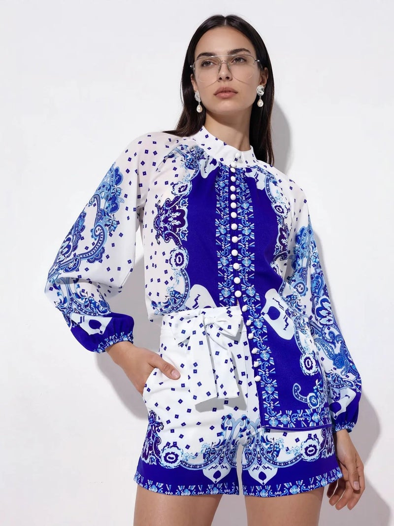 Jennyfer Paisley Tie-front Blouse And Shorts Set - Image 2