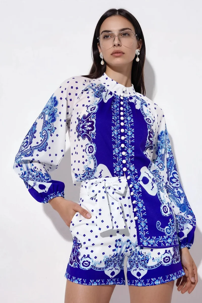 جينيفر Paisley Tie-front Blouse And Shorts Set