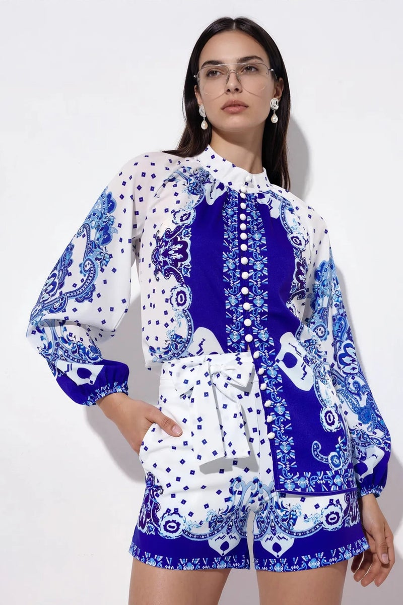 Jennyfer Paisley Tie-front Blouse And Shorts Set - Image 2
