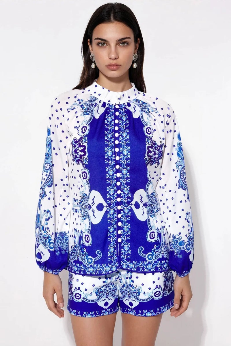 Jennyfer Paisley Tie-front Blouse And Shorts Set - Image 1