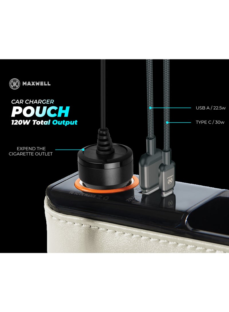 Maxwell Electronics Maxwell Car Charger Organizer with USB-A Quick Charge Compatible with iPhone 16 Pro Max, Samsung S25 Ultra, Laptop, Tablet, etc. Secure Fit for Automobile, Durable Leather, Easy Organization (Beige) - Image 3