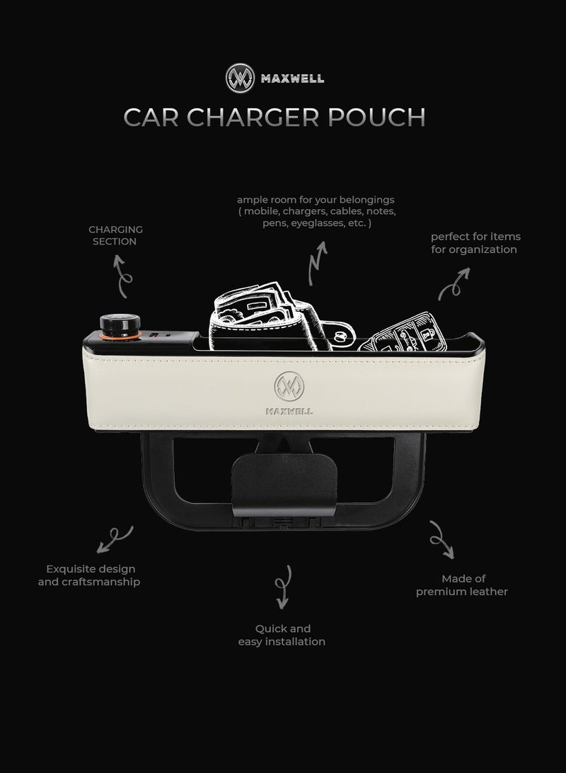 Maxwell Electronics Maxwell Car Charger Organizer with USB-A Quick Charge Compatible with iPhone 16 Pro Max, Samsung S25 Ultra, Laptop, Tablet, etc. Secure Fit for Automobile, Durable Leather, Easy Organization (Beige) - Image 4