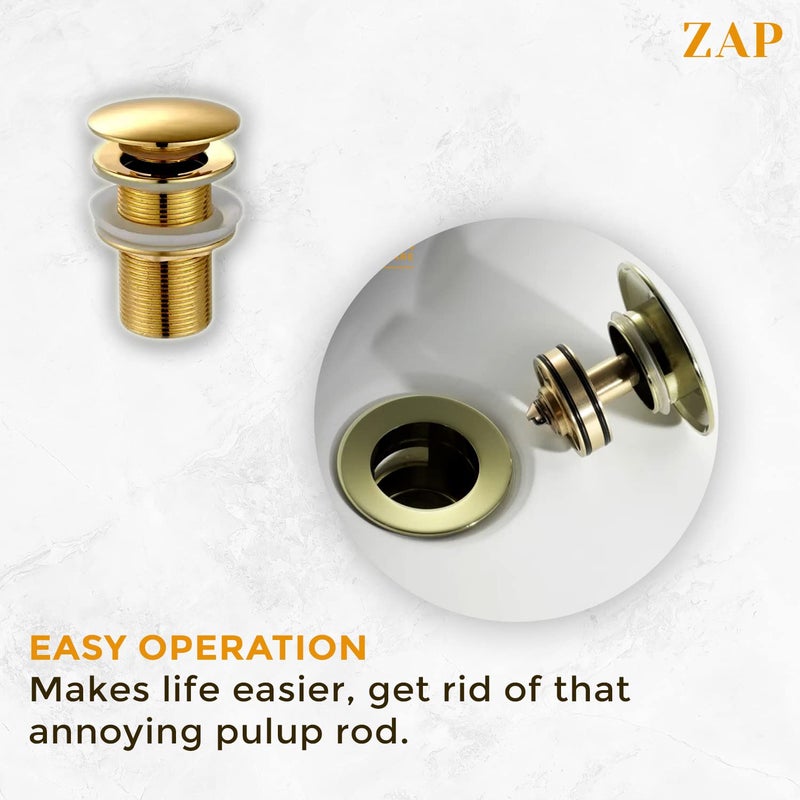 ZAP Lavish Series 3 Inch Gold Pop Up Waste Coupling with Full Thread | Drain Stopper for Bathroom Basin, Vessel & Vanity Sink with Overflow - Image 3