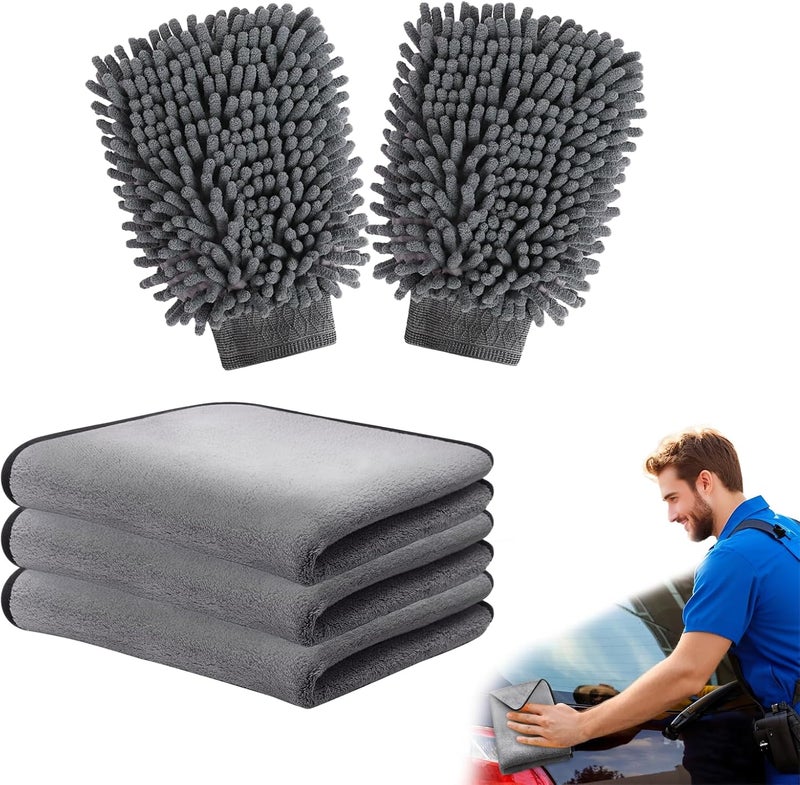 MetalNuts طقم غسيل السيارات – مجموعة تنظيف السيارات من 5 قطع مع 3 قطع قماش جاف فائقة النعومة و 2 قفاز غسيل - Image 1