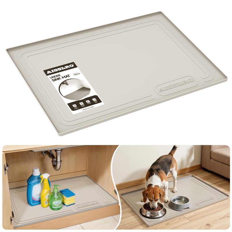 سجادة أسفل الحوض 34 بوصة × 22 بوصة، سجادات سيليكون مقاومة للماء أسفل الحوض للمطبخ، بطانة أرفف مانعة للتسرب وواقي للخزائن بحافة مرتفعة، منظم منزلي للحمام [خالٍ من مادة BPA]، بيج - Image 1