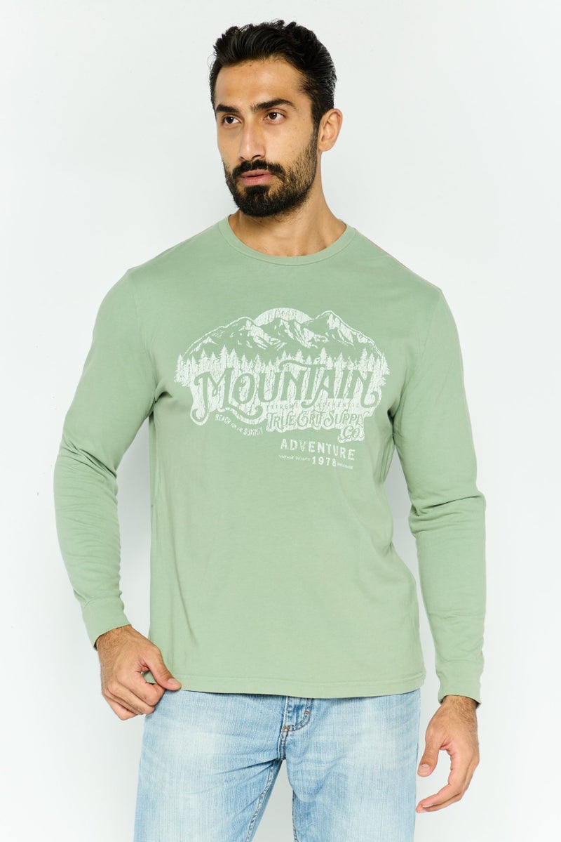 TRUE GRIT Men Crew Neck Long Sleeve Graphic Print T-Shirt, Sage Green - Image 1