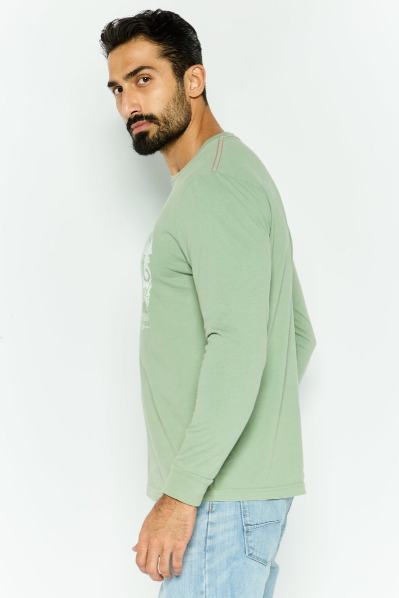 TRUE GRIT Men Crew Neck Long Sleeve Graphic Print T-Shirt, Sage Green - Image 2