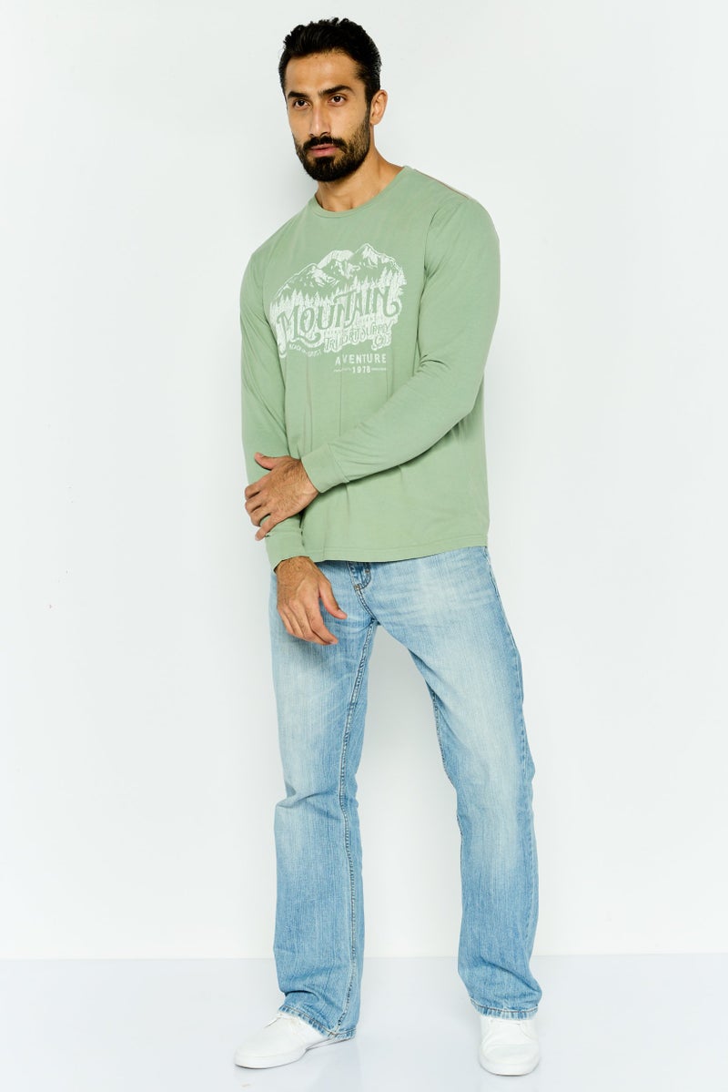 TRUE GRIT Men Crew Neck Long Sleeve Graphic Print T-Shirt, Sage Green - Image 4