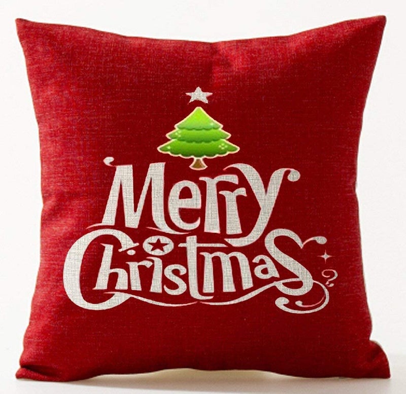 Andreannie Set of 4 Best Christmas Day Gift Pine Tree Merry Christmas Cross Jesus Cotton Linen Throw Pillow Case Cushion Cover Home Office Decorative Square 18 X 18 Inches (Red) - Image 4