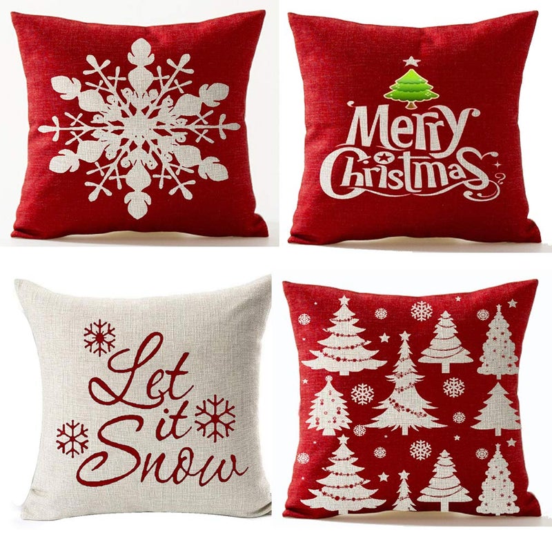 Andreannie Set of 4 Best Christmas Day Gift Pine Tree Merry Christmas Cross Jesus Cotton Linen Throw Pillow Case Cushion Cover Home Office Decorative Square 18 X 18 Inches (Red) - Image 1