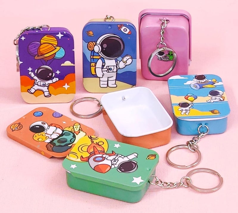 Tera13 TERA 13 Cartoon Coin Box For Girls Boys Storage Box For Kids Jewellery Box Mini Tin Box With Keychain For Kids Kanjak Return Gift For Kids Cartoon Steel Coin Box Pouch For Kids space 6 pcs - Image 1