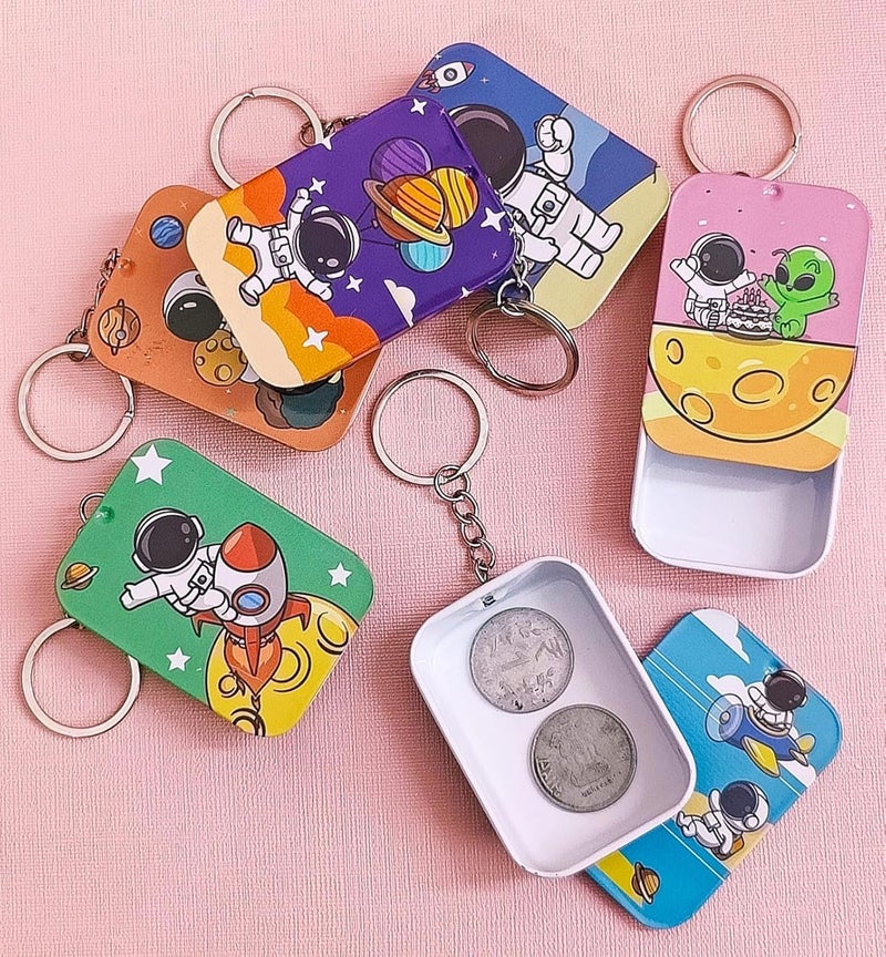 Tera13 TERA 13 Cartoon Coin Box For Girls Boys Storage Box For Kids Jewellery Box Mini Tin Box With Keychain For Kids Kanjak Return Gift For Kids Cartoon Steel Coin Box Pouch For Kids space 6 pcs - Image 3
