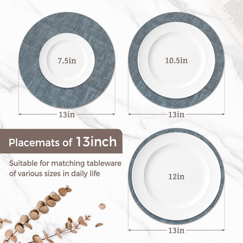 NCUE 13" Round Placemats Set of 6, Reversible Faux Leather Heat Resistant Table Mats, Waterproof Oilproof Wipeable Table Protective Placemats for Vinyl, Washable for Indoor & Outdoor Use (6, Light Blue) - Image 2