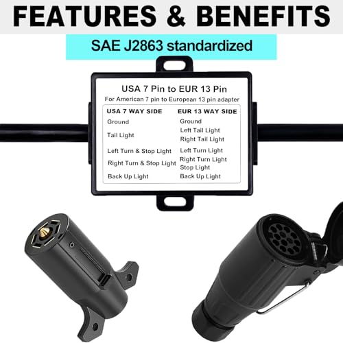 CXTM US to EU Trailer Light Converter,US Vehicle with 7-Way Blade Connector to European Trailer with 13-Way Round Plug US 7 Way to EU 13 Way Trailer Light Adapter - Image 3
