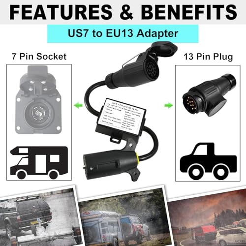 CXTM US to EU Trailer Light Converter,US Vehicle with 7-Way Blade Connector to European Trailer with 13-Way Round Plug US 7 Way to EU 13 Way Trailer Light Adapter - Image 2