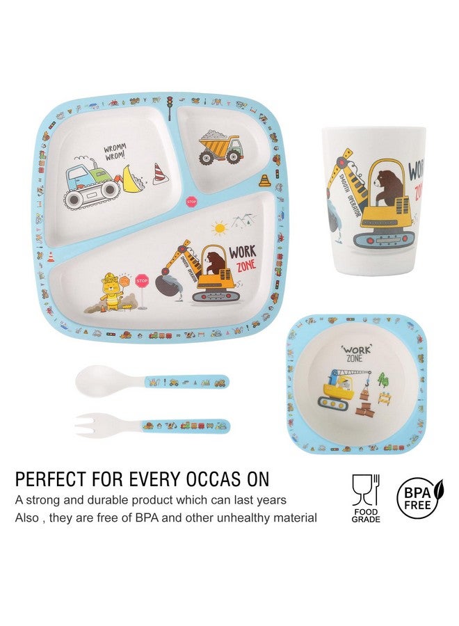 Qshare 5Pcs Kids Tableware Set,Baby Bamboo Plates and Bowls,Cartoon Toddler Dinnerware Set,Bamboo Plate Forks and Spoons for Kids(Blue) - Image 5