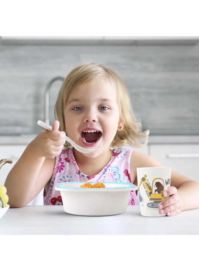 Qshare 5Pcs Kids Tableware Set,Baby Bamboo Plates and Bowls,Cartoon Toddler Dinnerware Set,Bamboo Plate Forks and Spoons for Kids(Blue) - Image 4