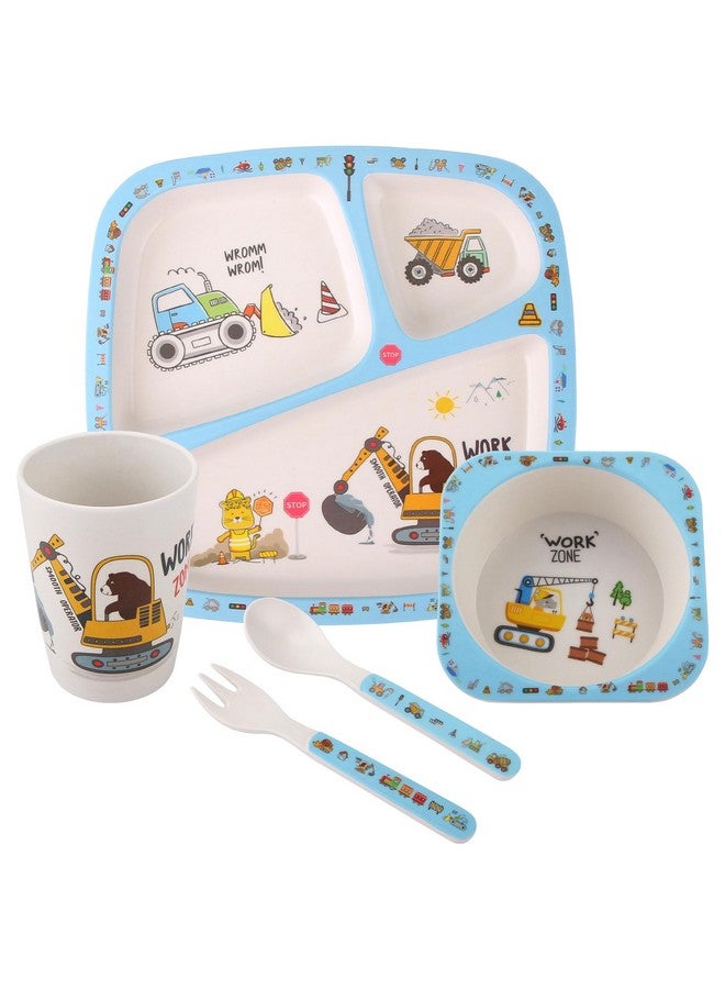 Qshare 5Pcs Kids Tableware Set,Baby Bamboo Plates and Bowls,Cartoon Toddler Dinnerware Set,Bamboo Plate Forks and Spoons for Kids(Blue) - Image 1