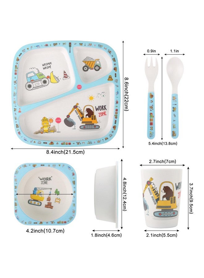 Qshare 5Pcs Kids Tableware Set,Baby Bamboo Plates and Bowls,Cartoon Toddler Dinnerware Set,Bamboo Plate Forks and Spoons for Kids(Blue) - Image 2